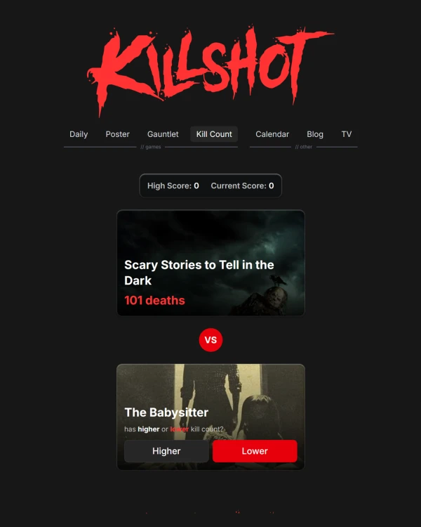 Screenshot of Killshot: Kill Count, a daily pop culture game