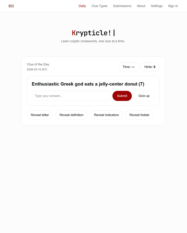 Screenshot of Krypticle, a daily cryptic crossword