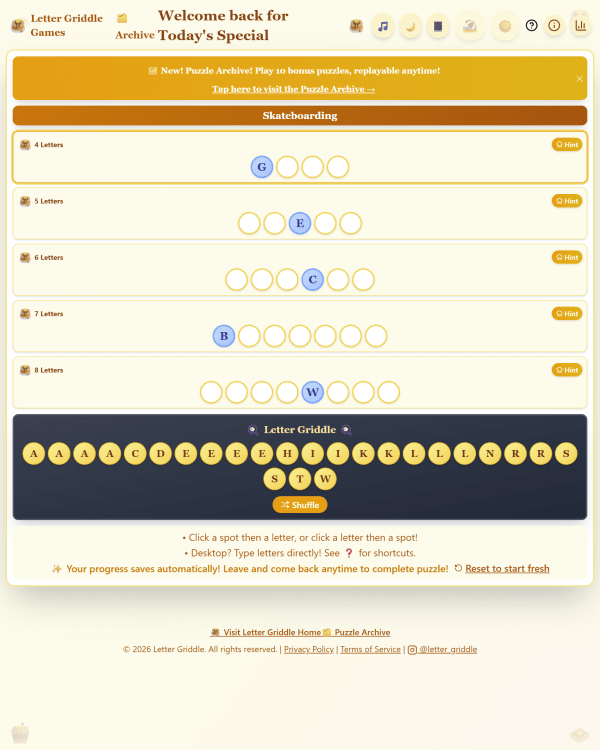 Screenshot of Letter Griddle, a daily word game