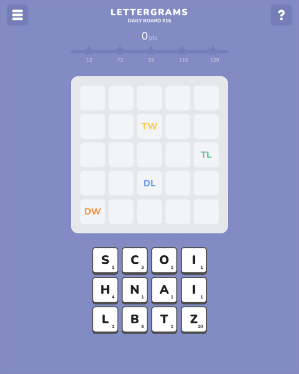 Screenshot of Lettergrams, a daily word game