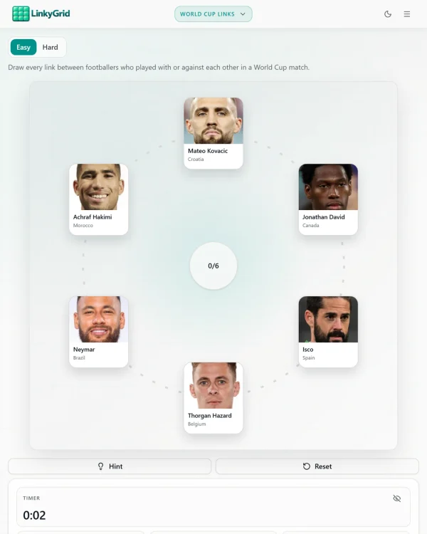 Screenshot of LinkyGrid - World Cup, a daily sports game