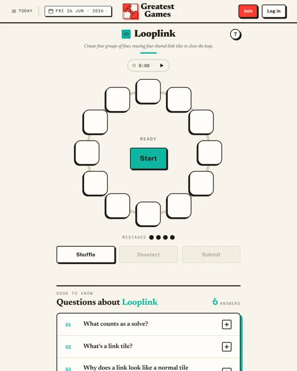 Screenshot of Looplink, a daily connections-style game