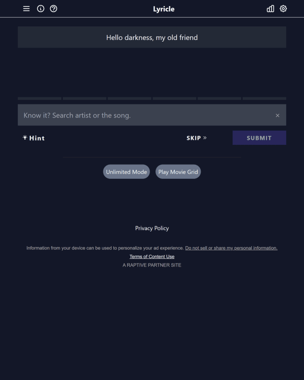 Screenshot of Lyricle, a daily music game