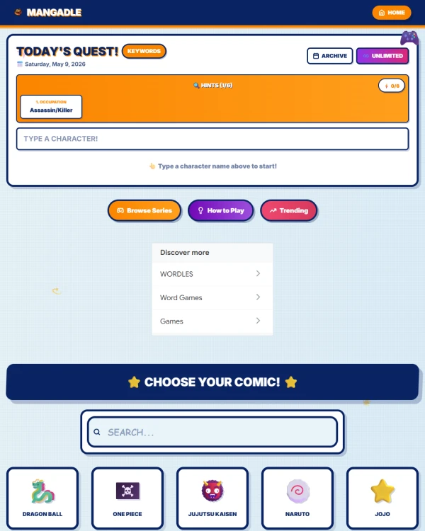 Screenshot of Mangadle, a daily fandom game