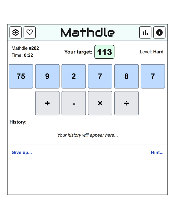 Screenshot of Mathdle, a daily math game