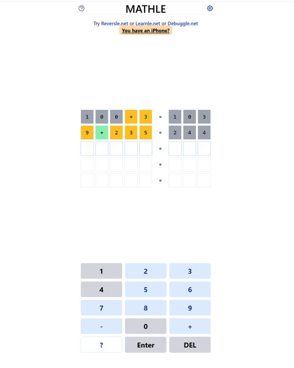 Screenshot of Mathle, a daily math game