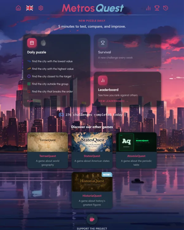 Screenshot of MetrosQuest, a daily geography game