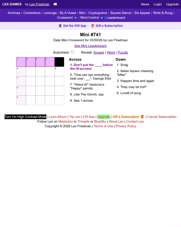 Screenshot of Mini Crossword (Lex.Games), a daily word game