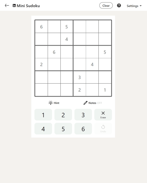 Screenshot of Mini Sudoku (LinkedIn), a daily logic game