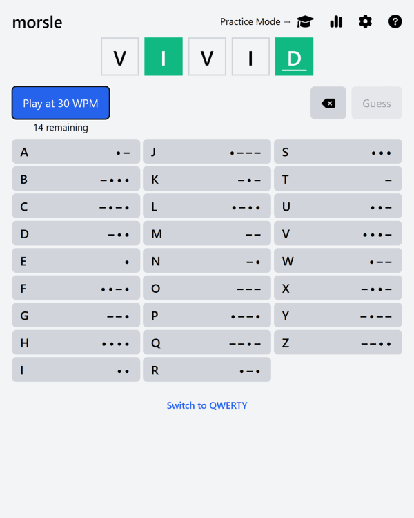 Screenshot of Morsle, a daily word game