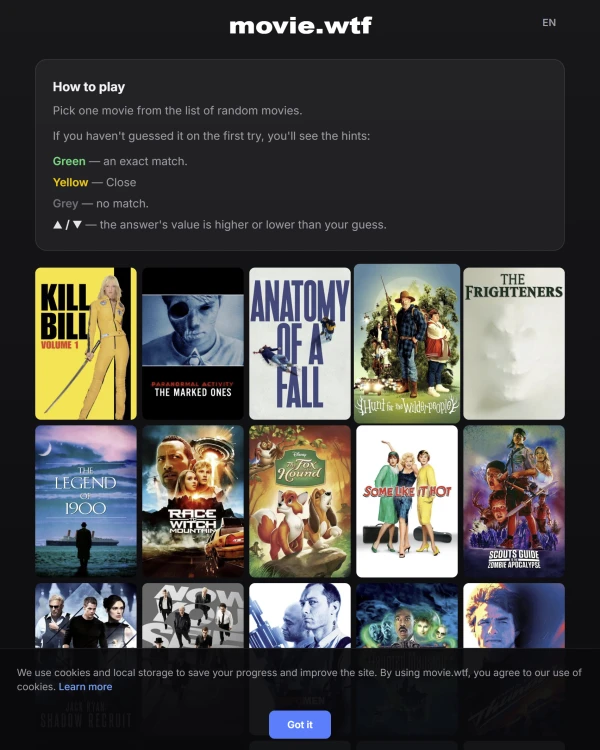 Screenshot of Movie.wtf, a daily pop culture game
