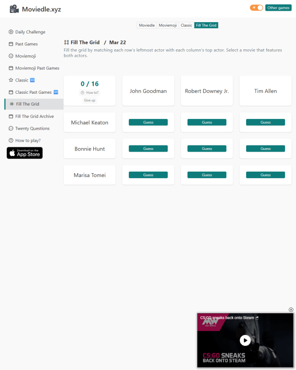 Screenshot of Moviedle: Fill The Grid, a daily pop culture game