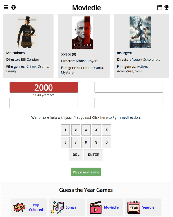 Screenshot of Moviedle, a daily pop culture game