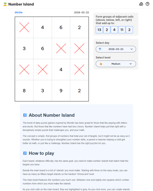 Screenshot of Number Island, a daily math game