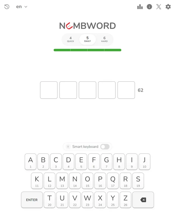 Screenshot of Numbword, a daily word game