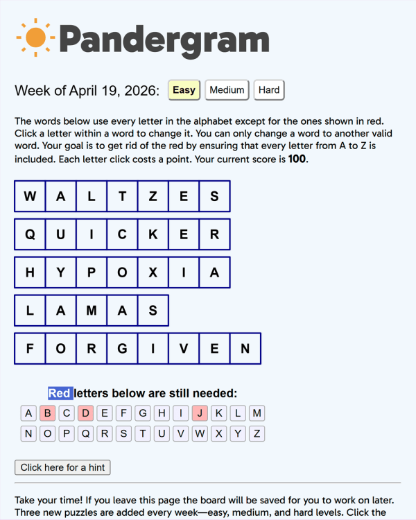 Screenshot of Pandergram, a word game