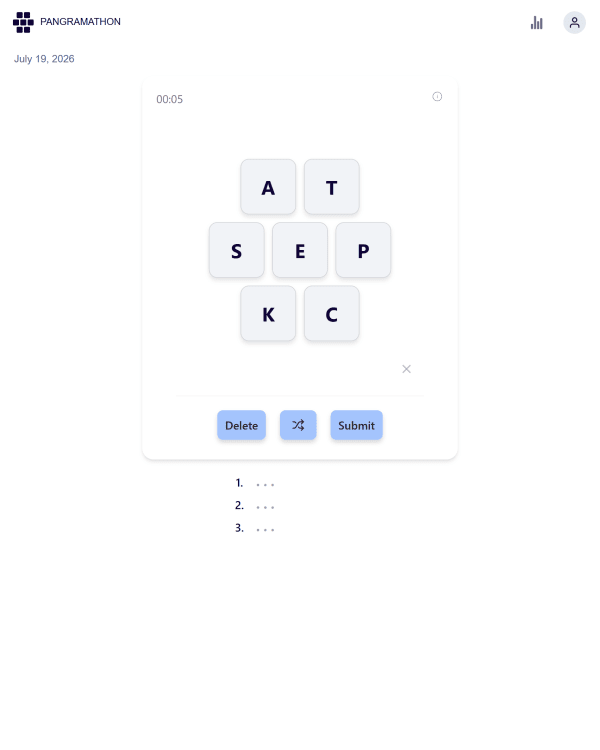 Screenshot of Pangramathon, a daily word game