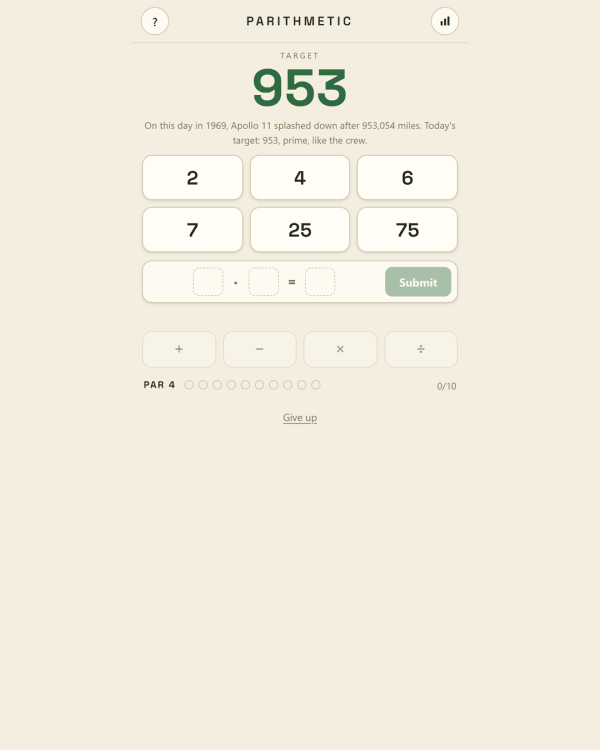 Screenshot of Parithmetic, a daily math game