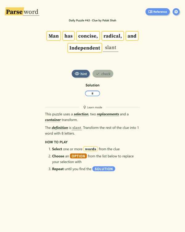 Screenshot of Parseword, a daily cryptic crossword