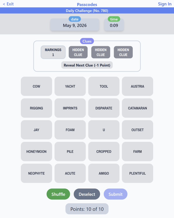 Screenshot of Passcodes, a daily word game