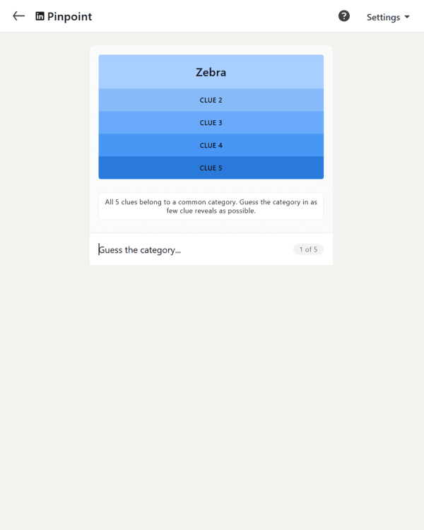 Screenshot of Pinpoint (LinkedIn), a daily trivia game