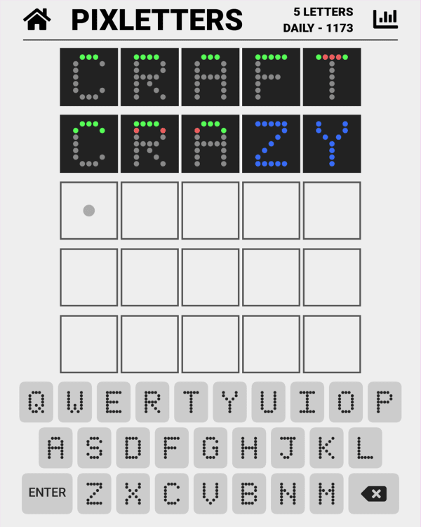 Screenshot of Pixletters, a daily word game