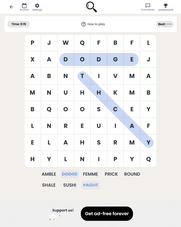 Screenshot of Ponder Club Word Search, a daily word game