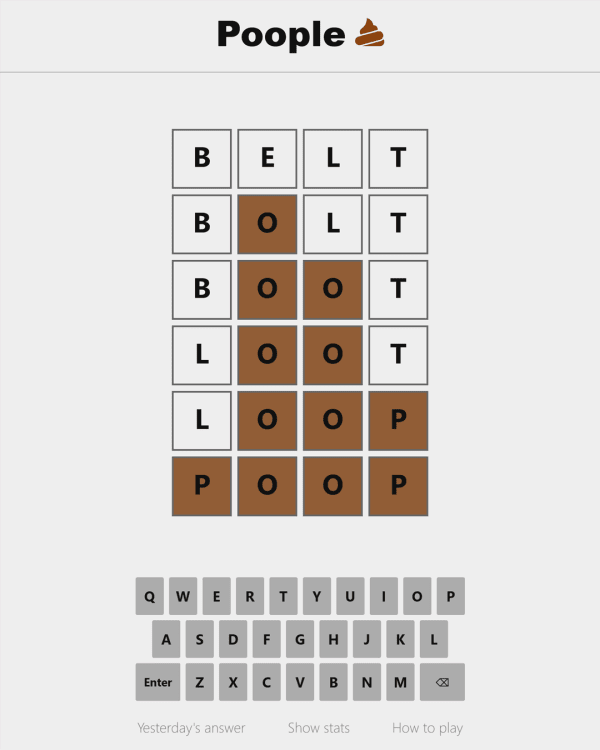 Screenshot of Poople, a daily word game