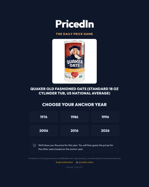 Screenshot of PricedIn, a daily trivia game