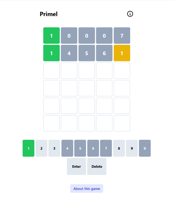 Screenshot of Primel, a daily math game