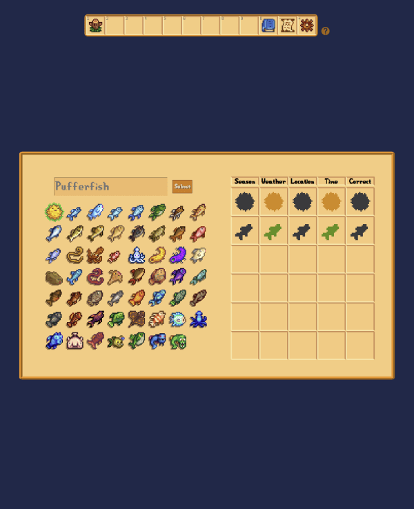 Screenshot of Pufferdle, a daily fandom game