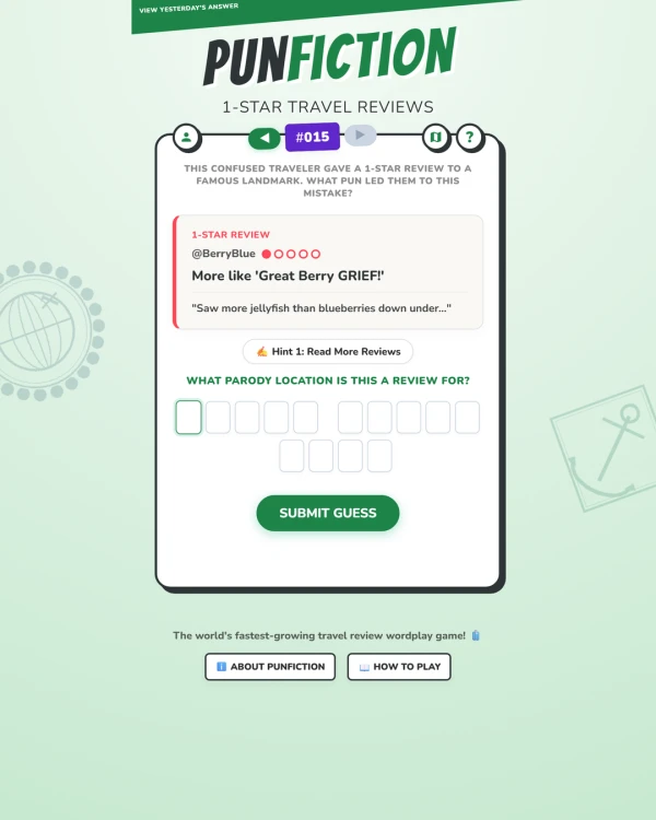 Screenshot of PunFiction: 1-Star Travel Reviews, a daily word game