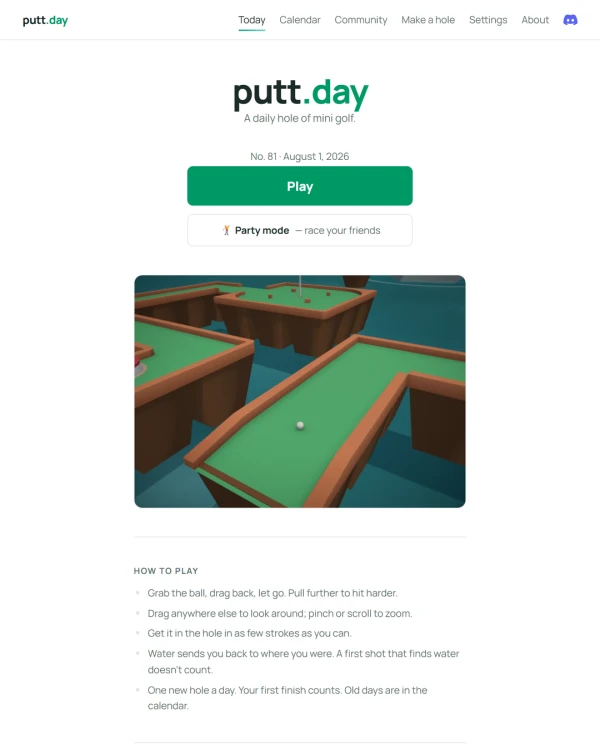 Screenshot of putt.day, a daily arcade-style game
