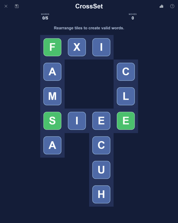 Screenshot of PuzzleLab CrossSet, a daily word game
