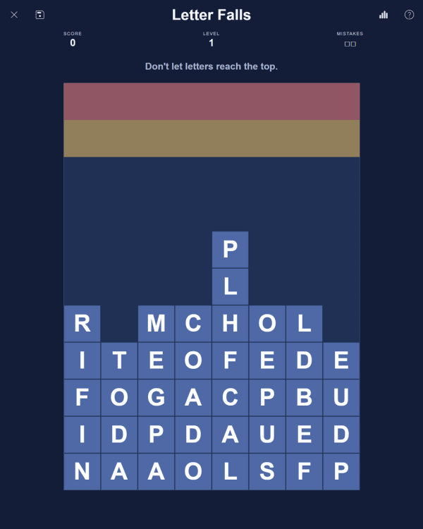 Screenshot of PuzzleLab Letter Falls, a daily word game