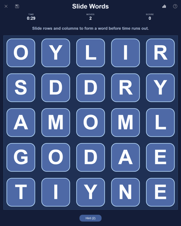 Screenshot of PuzzleLab Slide Words, a daily word game