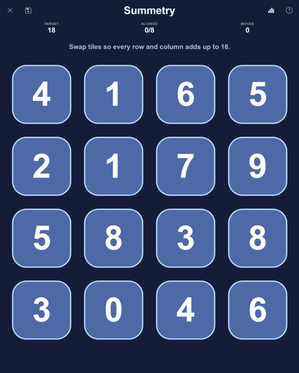 Screenshot of PuzzleLab Summetry, a daily logic game