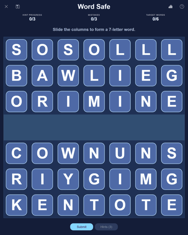 Screenshot of PuzzleLab Word Safe, a daily word game