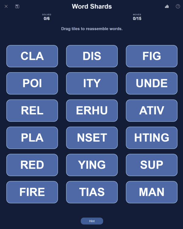 Screenshot of PuzzleLab Word Shards, a daily word game