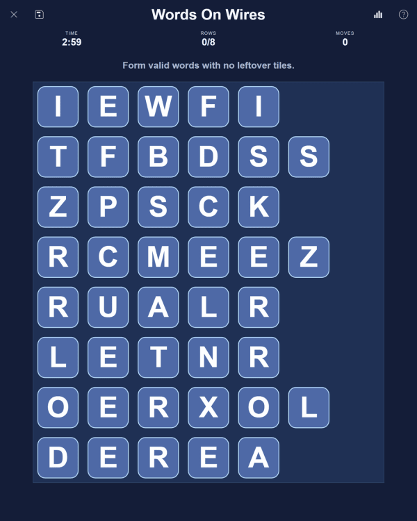 Screenshot of PuzzleLab Words on Wires, a daily word game