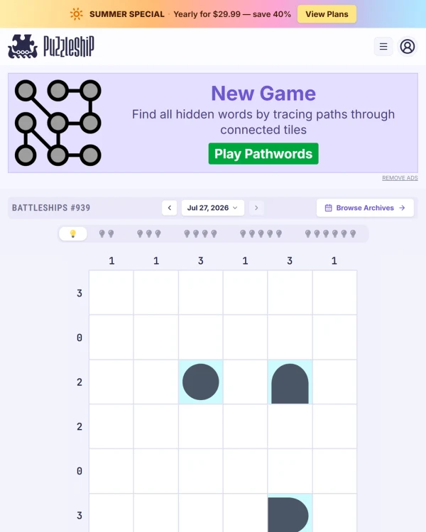 Screenshot of Puzzleship Battleships, a daily logic game