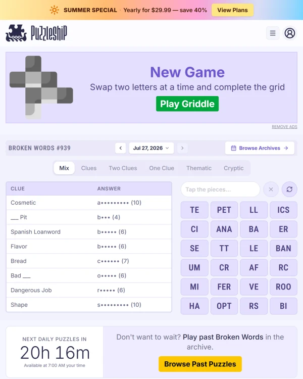 Screenshot of Puzzleship Broken Words, a daily word game