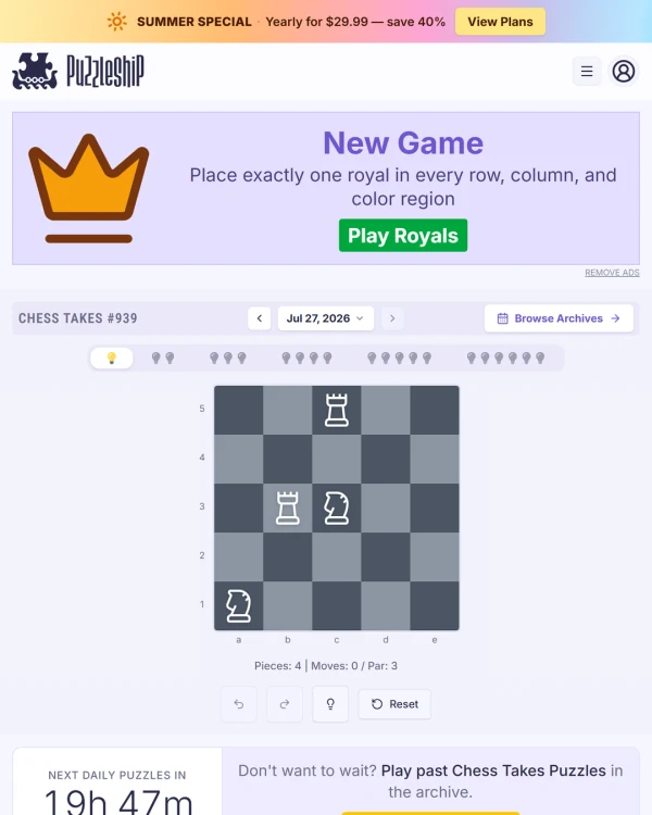 Screenshot of Puzzleship Chess Takes, a daily logic game