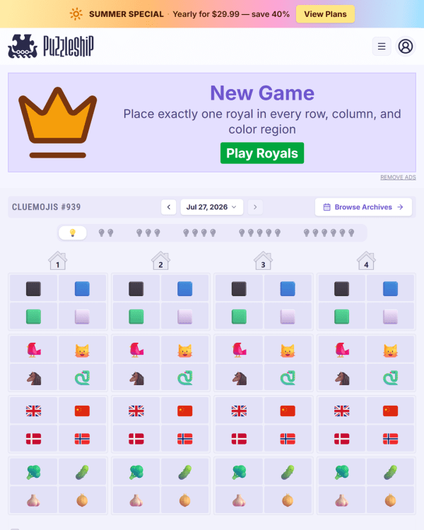 Screenshot of Puzzleship Cluemojis, a daily logic game