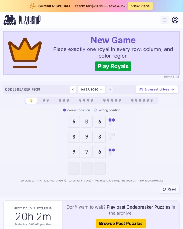 Screenshot of Puzzleship Codebreaker, a daily logic game