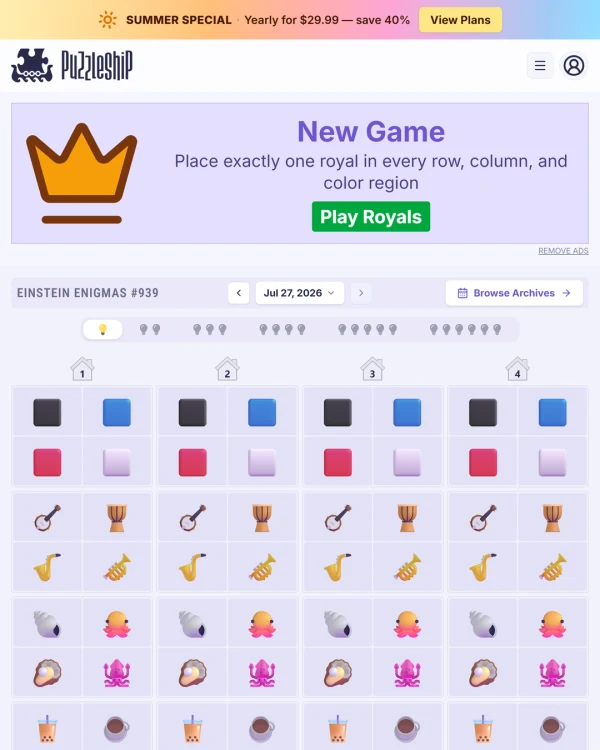 Screenshot of Puzzleship Einstein Enigmas, a daily logic game