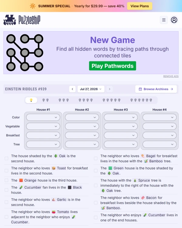 Screenshot of Puzzleship Einstein Riddles, a daily logic game
