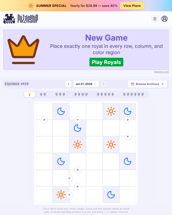 Screenshot of Puzzleship Equinox, a daily logic game
