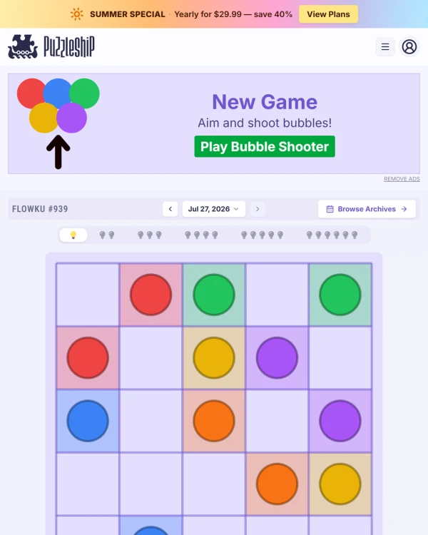 Screenshot of Puzzleship Flowku, a daily logic game