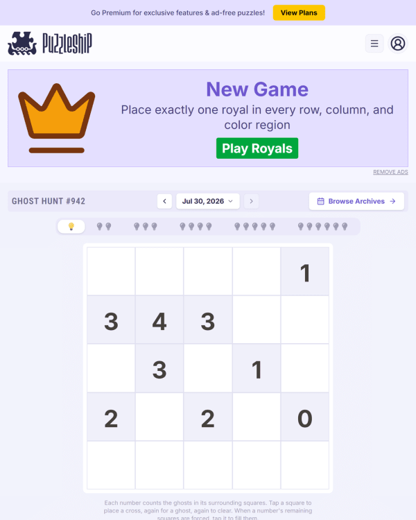 Screenshot of Puzzleship Ghost Hunt, a daily logic game